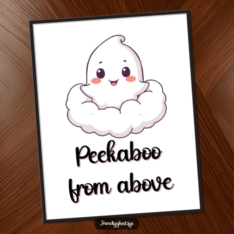 Funny Ghost Cloud Peeker Poster: A ghost playfully peeks from a soft, fluffy cloud, creating a whimsical and charming visual narrative.