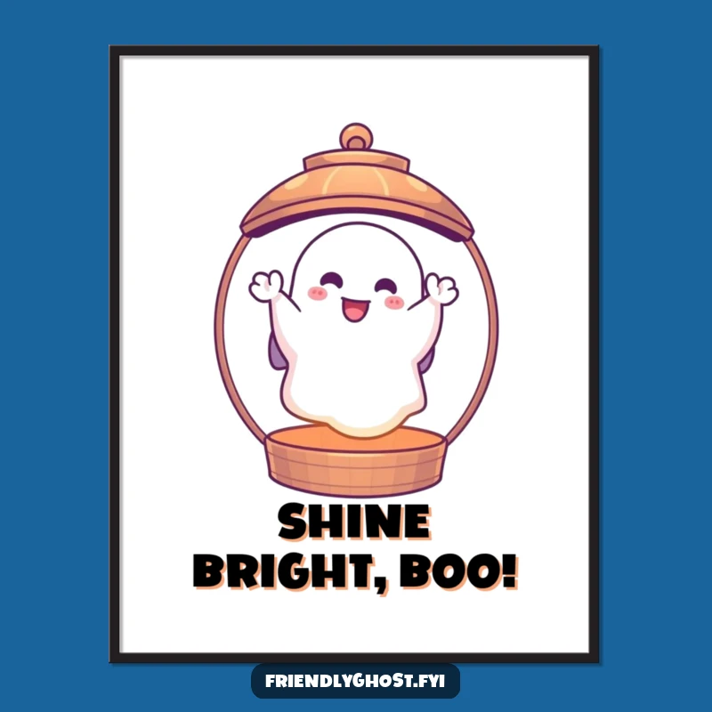 Funny Ghost Lantern Print: Cheerful Waving Art, Spooky Wall Decor Gift