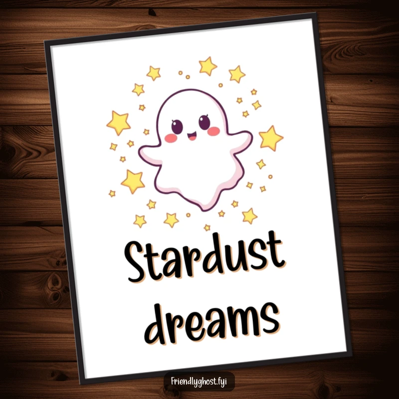 Funny happy ghost poster print of a joyful character happily floating through a vast field of twinkling stars.