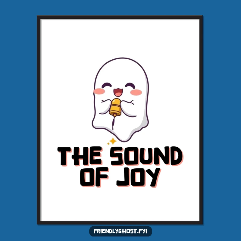 Decorate your space with a delightful sound and smile using this funny poster featuring a happy ghost ringing a bell. Adds a touch of magic and playful spirit.