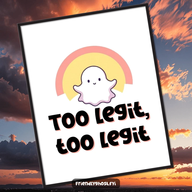 Funny poster showcasing a tiny ghost happily suspended within a breathtaking, radiant rainbow, bringing spectral cheer to any wall.