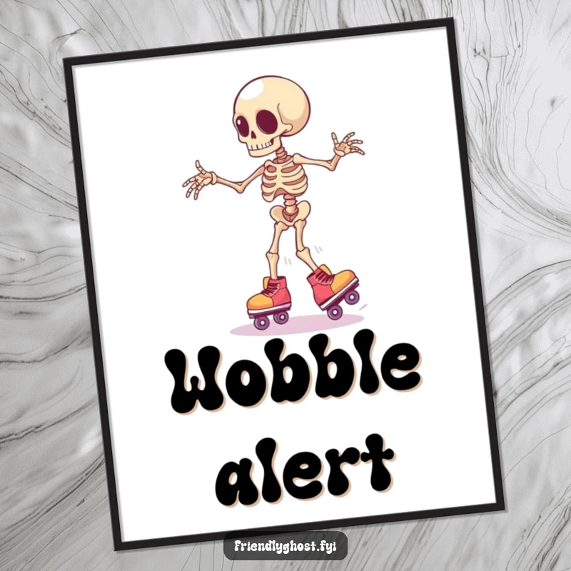 Funny clumsy skeleton limb wearing tiny roller skates, wobbling precariously, a humorous and dynamic wall poster.