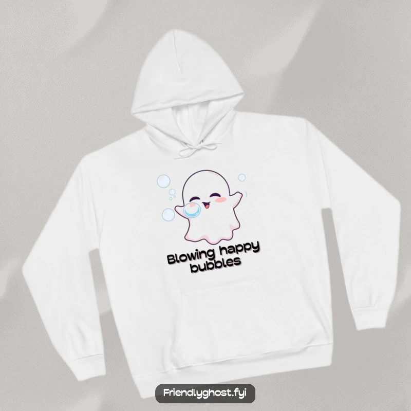 Funny hoodie showing a friendly ghost happily blowing shimmering bubbles, perfect for staying warm and cheerful.