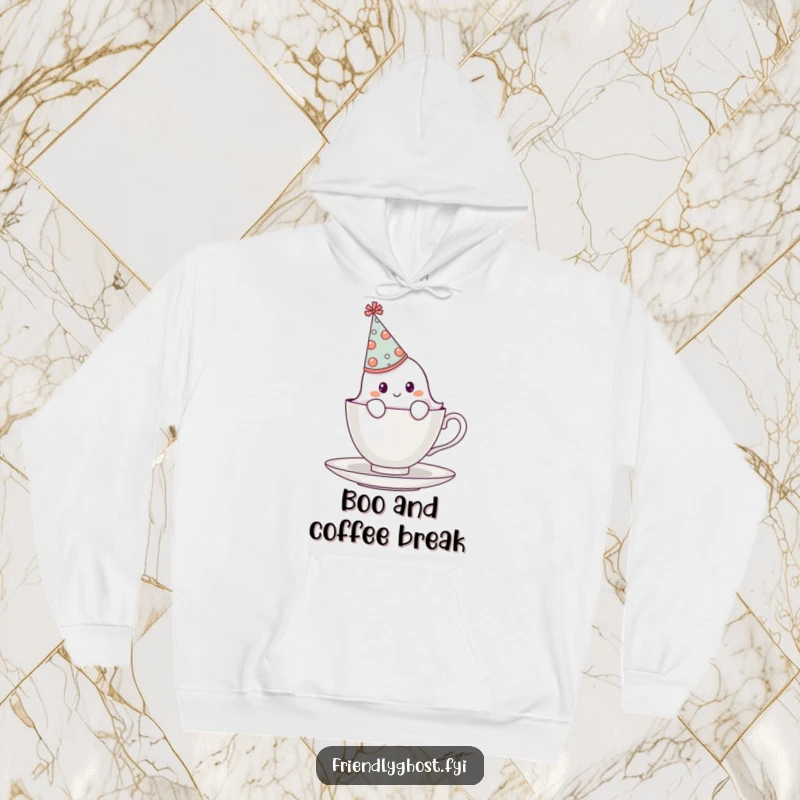 Funny shy ghost in a party hat peeking from behind a teacup, cozy hoodie with a humorous and endearing design.