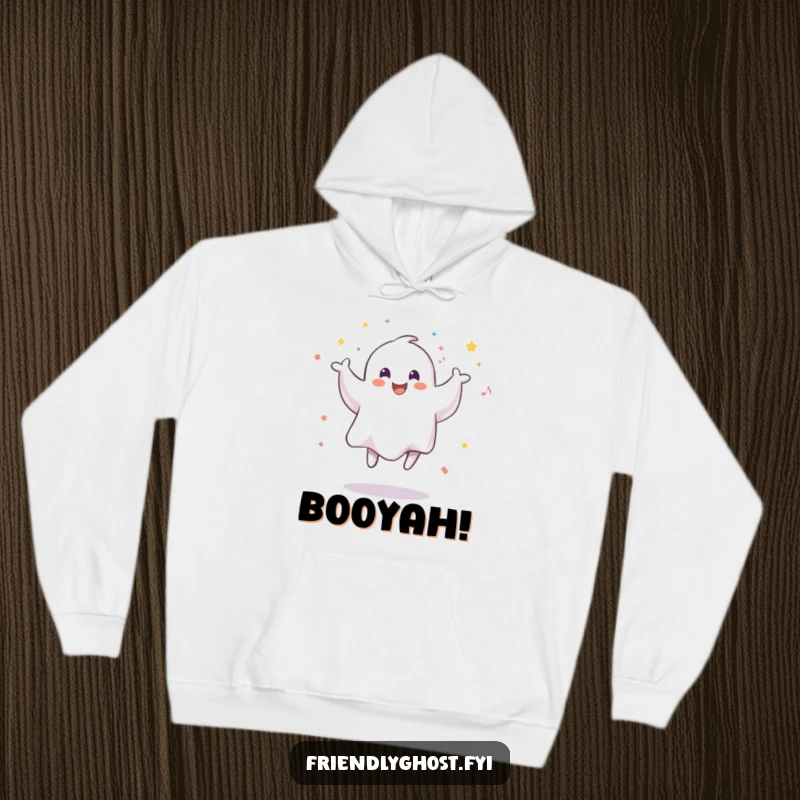 Funny hoodie featuring a smiling ghost in a playful jump, with a delightful explosion of confetti creating a spectral party vibe.
