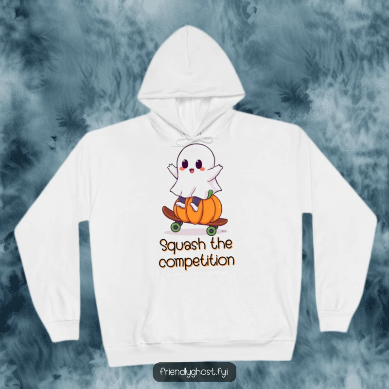 Funny ghost hoodie depicting a ghost riding a pumpkin skateboard, perfect for staying warm and stylish during spooky season.