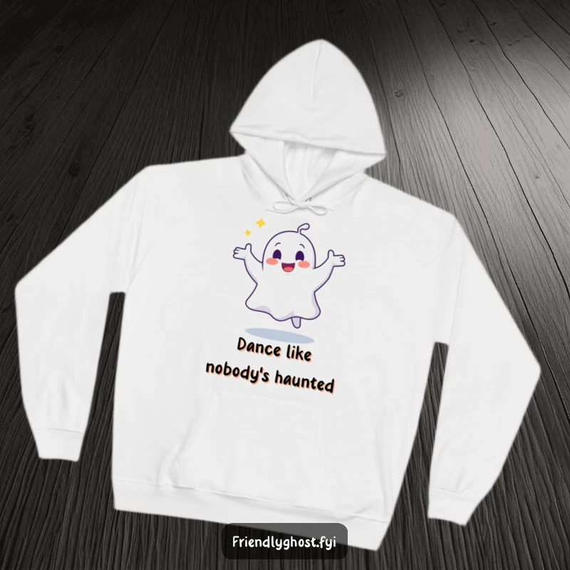Funny hoodie featuring a joyful ghost in a silly, wobbly dance, offering spectral warmth and a fun-loving vibe.