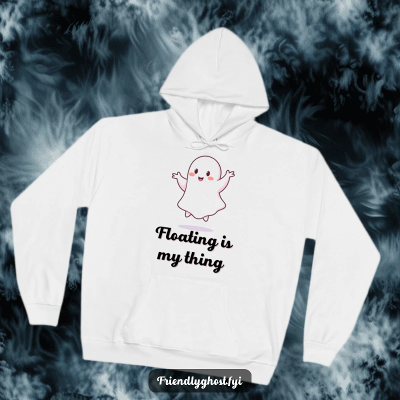 Funny ghost hoodie, a specter gracefully performing a pirouette, radiating fun and lightness.