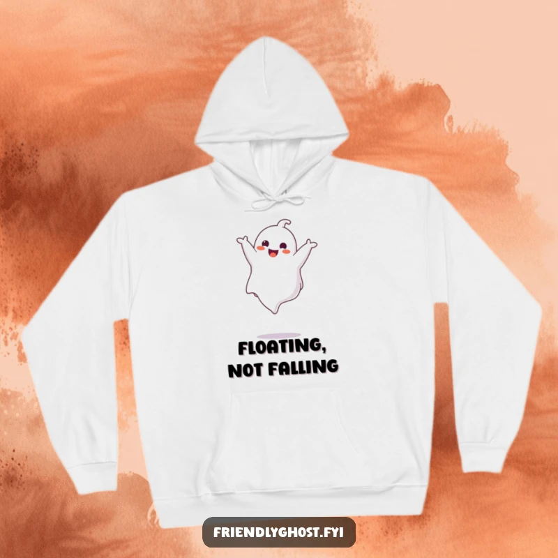 Funny ghost character doing a graceful somersault in the air, depicted on a cozy hoodie, ideal for amusing and warm wear.