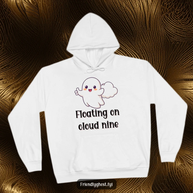 Funny hoodie with a happy ghost giving cartoonish thumbs up, floating beside a cheerful cloud, perfect for cozy optimism.