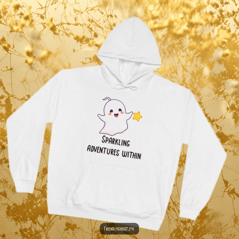 Funny chasing ghost hoodie depicting a delighted ghost playfully pursuing a tiny, sparkling star, great for cozy, whimsical, funny gifts.