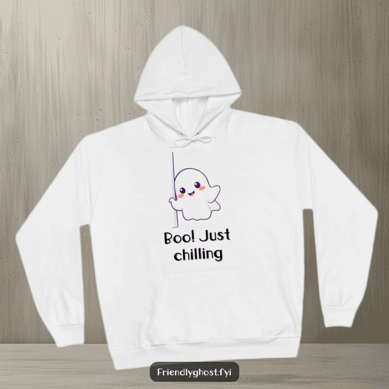 Funny ghost hoodie, a cute specter peeking around a corner, offering a friendly, smiling greeting.
