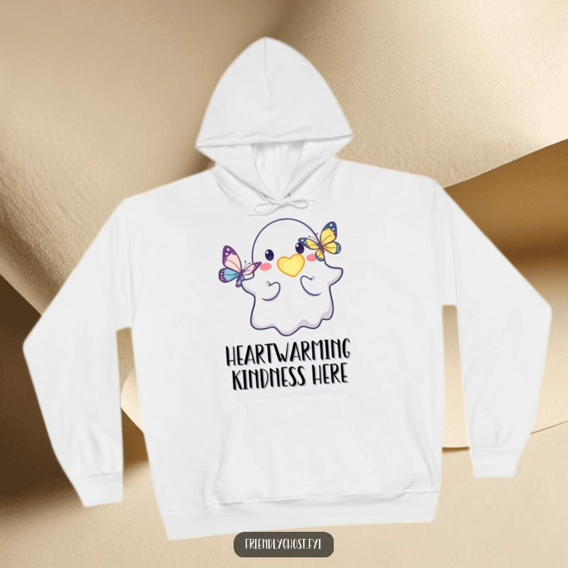 Funny friendly ghost hoodie featuring a kind character offering a glowing heart to a butterfly.