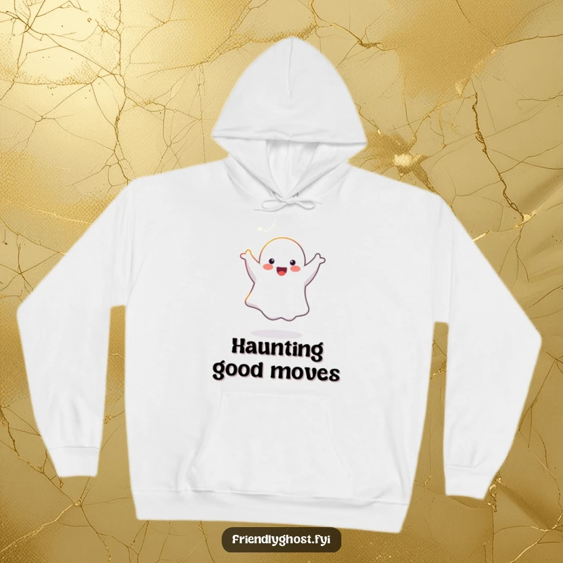 Funny joyful ghost character mid-cartwheel in a sunbeam, on a warm and humorous hoodie.