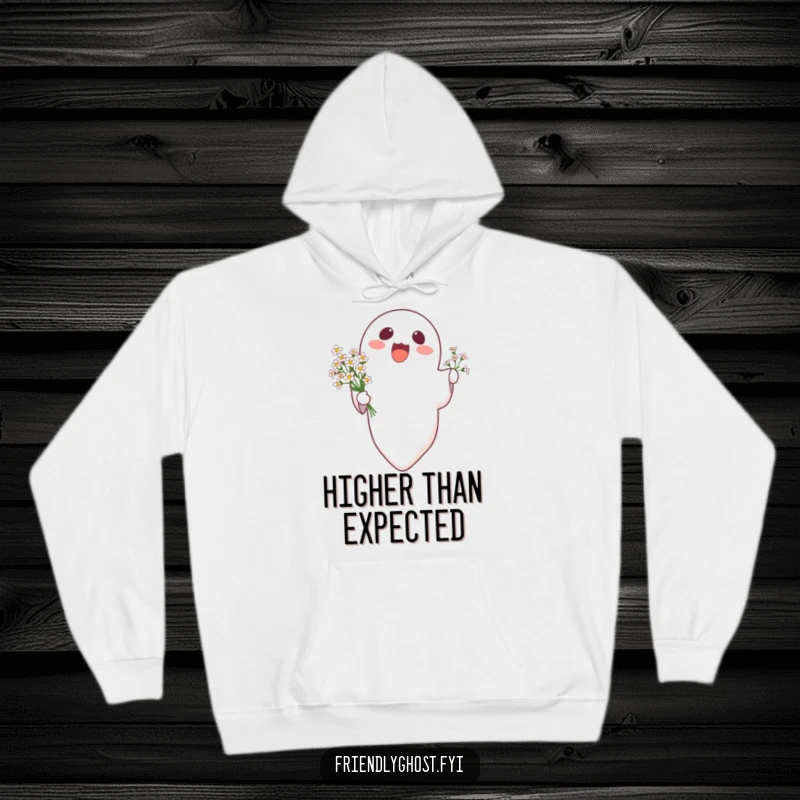 Funny delighted ghost floating upwards holding a bouquet of tiny flowers, on a warm and humorous hoodie.