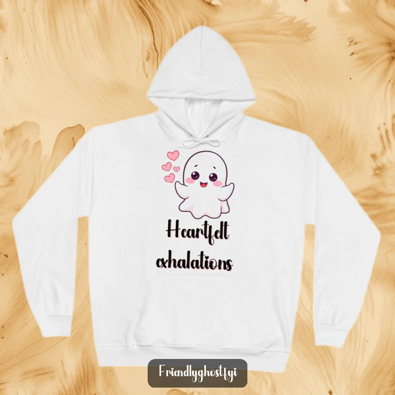 Funny cheerful ghost blowing heart-shaped bubbles, on a warm and humorous hoodie.