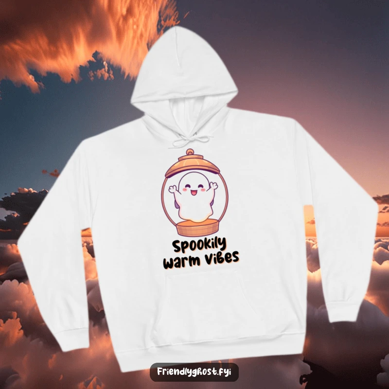 Funny ghost lantern hoodie showing a happy, waving ghost peeking from within a glowing lantern, ideal for comfy, spooky, funny gift seekers.