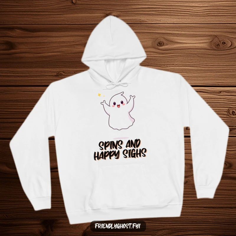Funny Ghost Pirouette Hoodie: A happy ghost joyfully performs a graceful aerial pirouette, radiating pure energy and playful delight.
