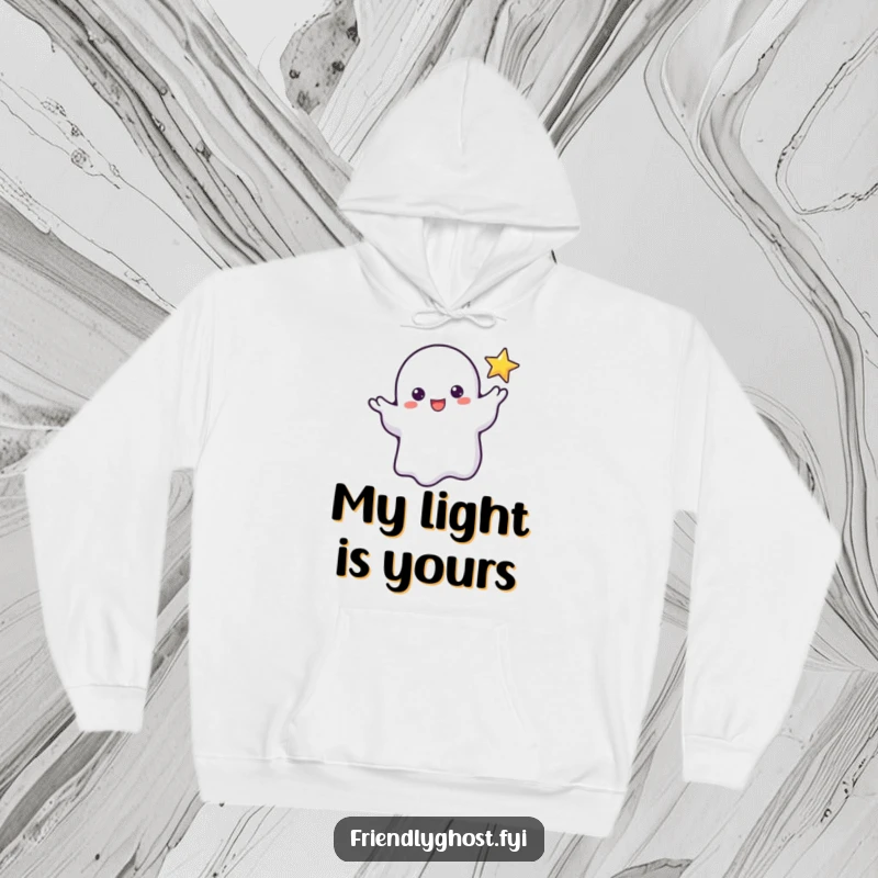 Funny hoodie showing a friendly ghost extending a wispy hand towards a small, flickering star, evoking a sense of magic and connection.