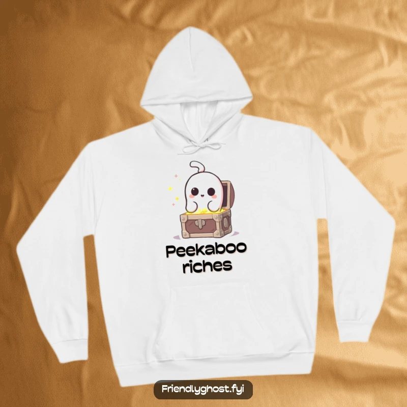 Funny curious ghost peeking into a sparkling treasure chest, on a warm and humorous hoodie.