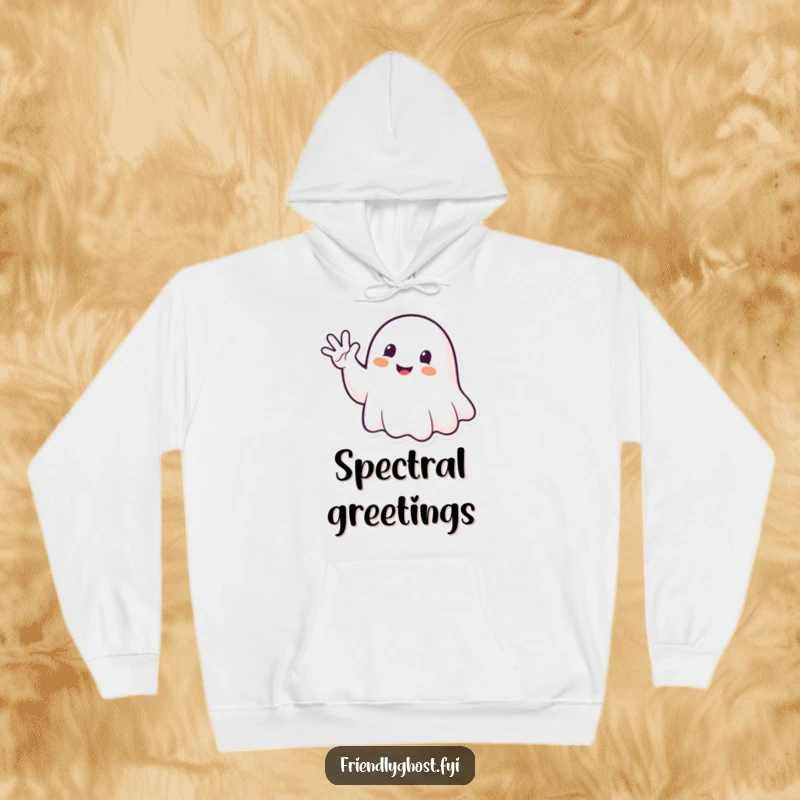 Funny Ghost Waving Hoodie: Happy spirit waving enthusiastically, offering cozy and humorous friendliness.