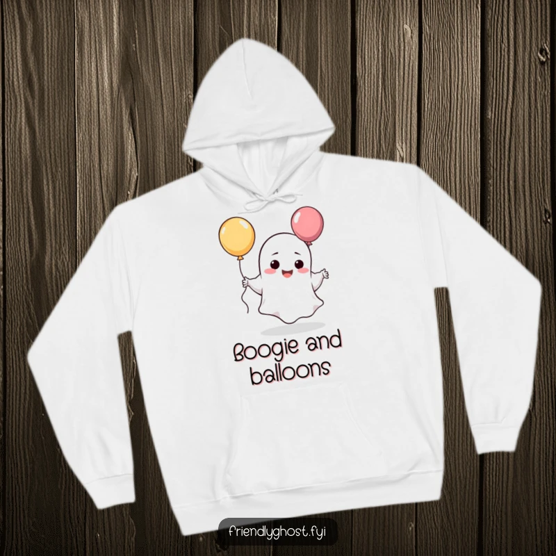 Funny giggling ghost hoodie featuring a silly character dancing joyfully with a balloon.
