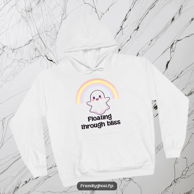 Funny hoodie featuring a cheerful ghost happily floating through a vibrant rainbow, perfect for staying warm and embracing magic.