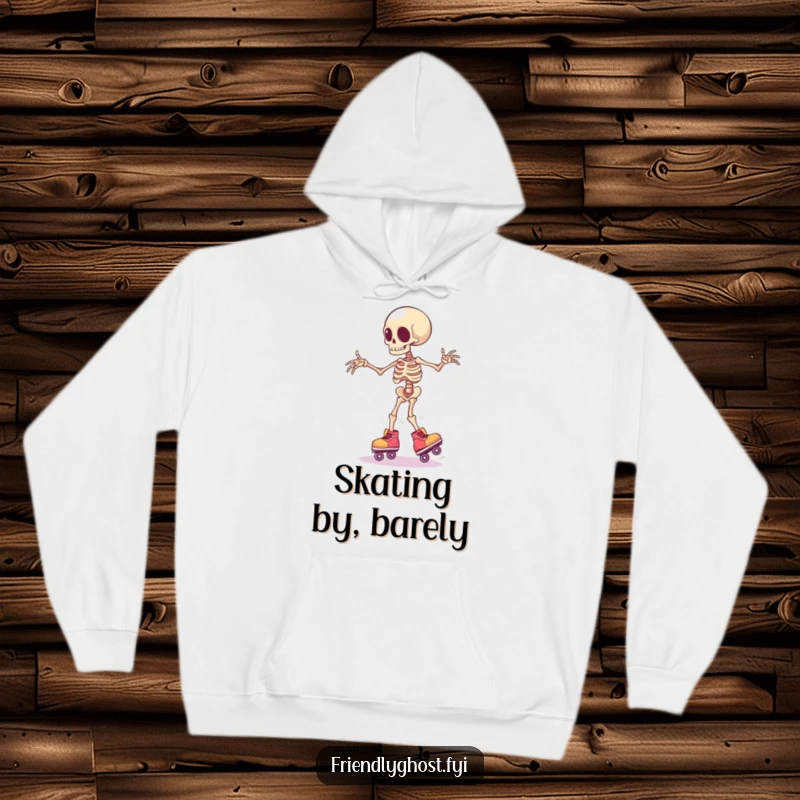 Funny clumsy skeleton limb wearing tiny roller skates, wobbling precariously, a warm and humorous hoodie.