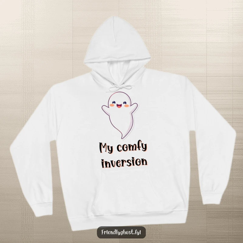 Funny upside down ghost hoodie depicting a happy, smiling ghost floating happily inverted, great for cozy, funny gift seekers.