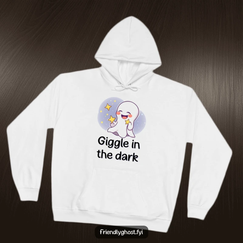 Funny ghost child hoodie featuring a cute ghost giggling while holding a twinkling star, offering warmth and spooky charm.