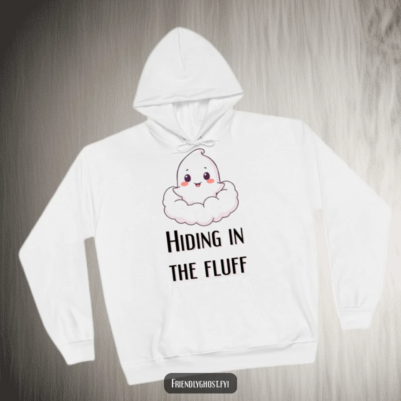 Funny Ghost Cloud Peeker Hoodie: A happy ghost playfully peeks from a soft cloud, radiating cozy comfort and a touch of playful wonder.