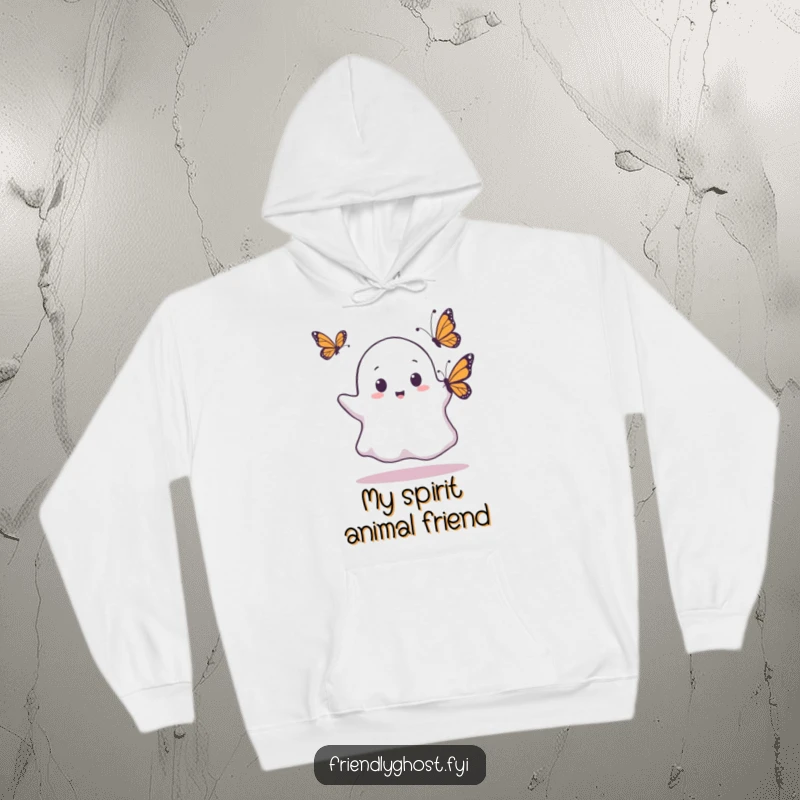 Funny hoodie showing a shocked ghost with a butterfly resting on it, perfect for cozy, humorous, and nature-loving individuals.