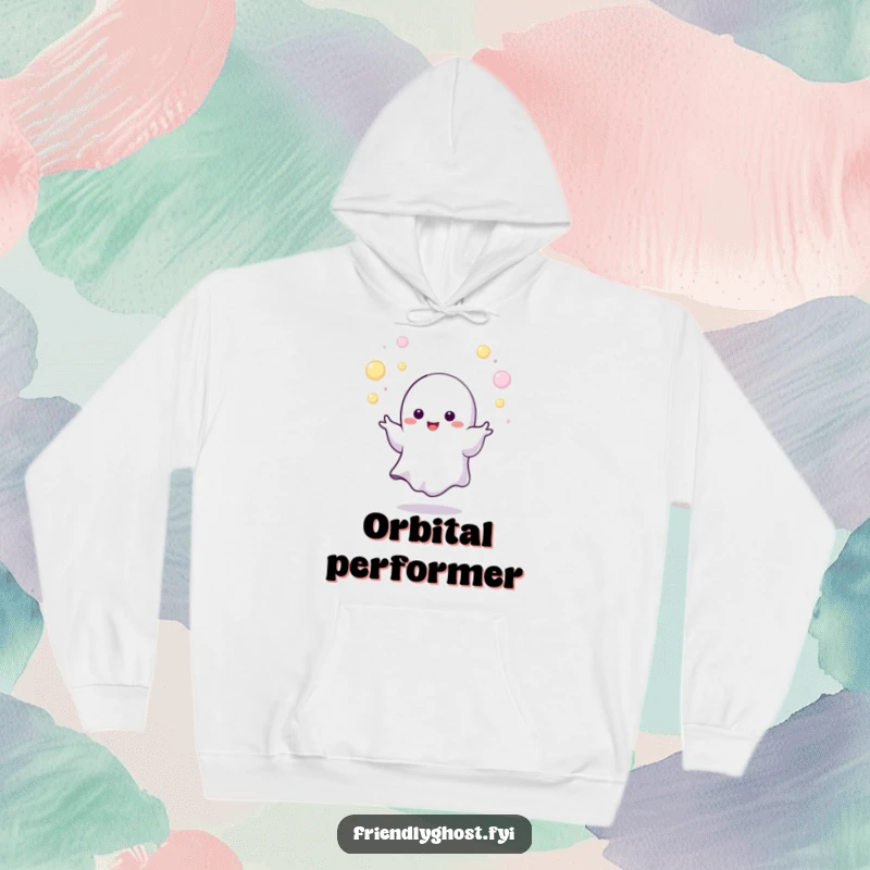 Funny juggling ghost hoodie with a tiny character expertly juggling tiny, glowing orbs, a warm and humorous apparel gift.