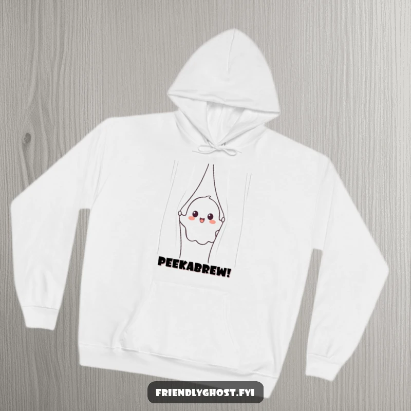 Funny ghost hoodie with a cheerful ghost playfully peeking from behind a sparkling curtain, offering warmth and humor.