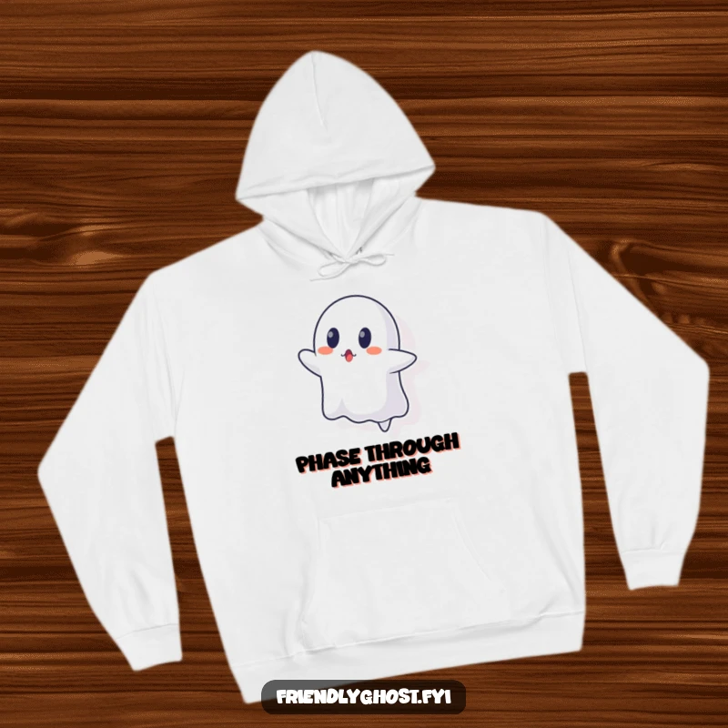 Funny ghost hoodie showing a ghost character looking surprised, stuck trying to float through a wall.