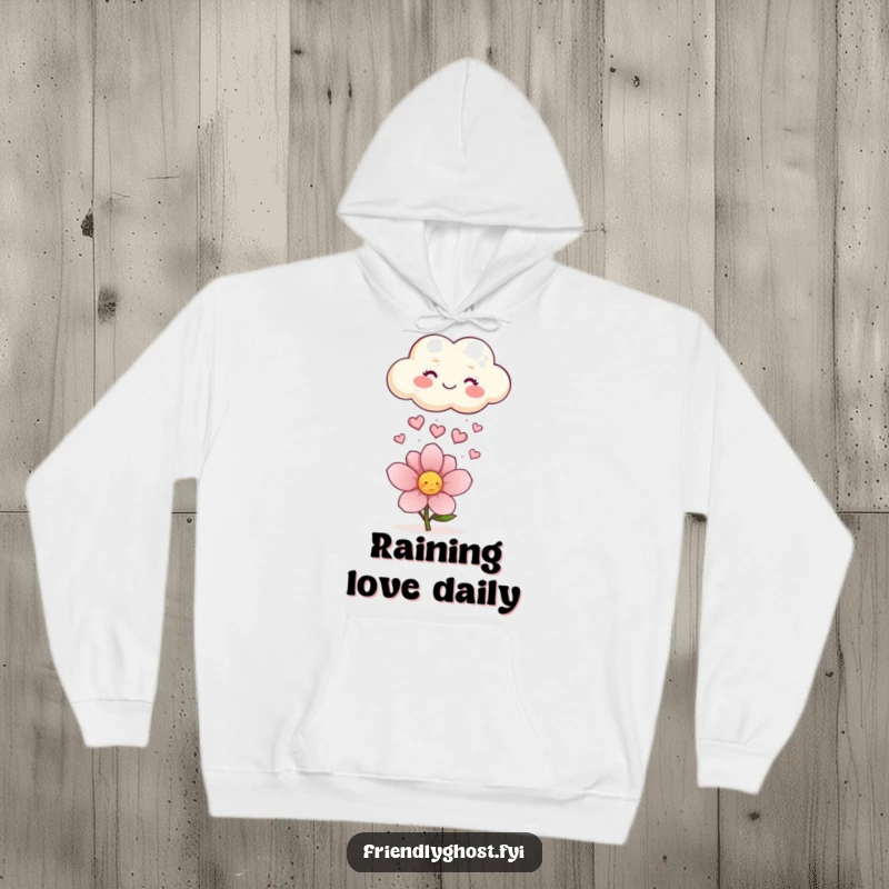 Funny hoodie featuring a happy cloud raining sparkling hearts onto a flower, ideal for cozy days and spreading gentle love.