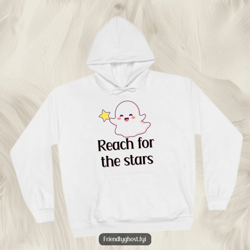 Funny ghost hoodie showing a ghost character joyfully chasing a sparkling star, perfect for cozy dreamers.