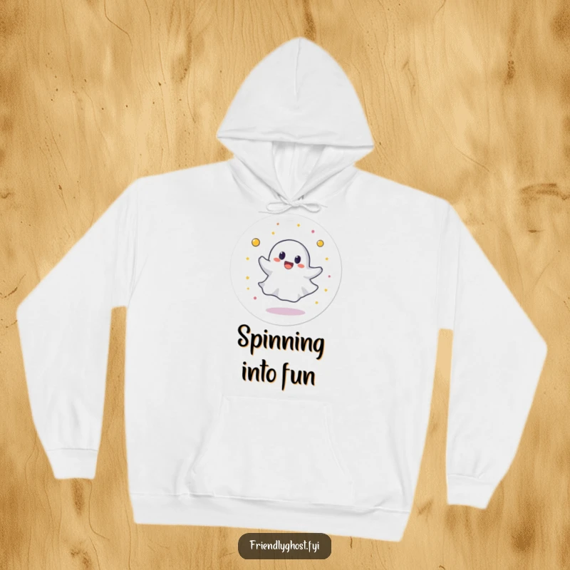 Funny hoodie depicting a round ghost character spinning with joyful abandon, capturing a moment of pure, uninhibited delight.