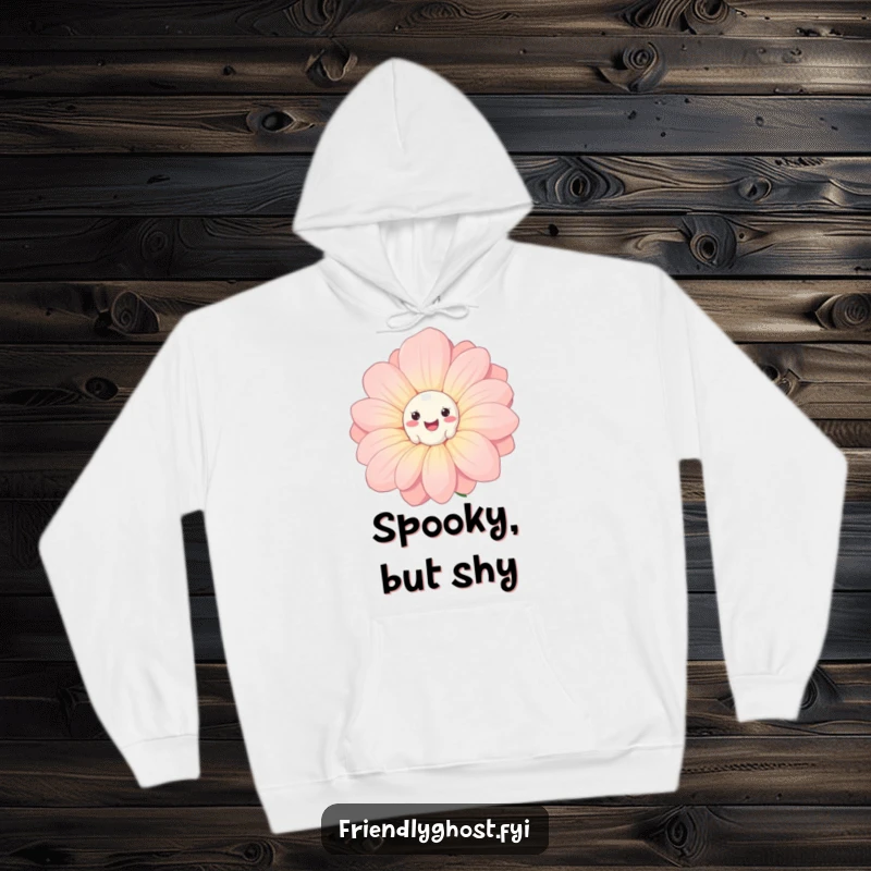 Funny Ghost Flower Hoodie: Adorable ghost peeking from behind a big smiling flower, designed for cozy comfort and humorous appeal.