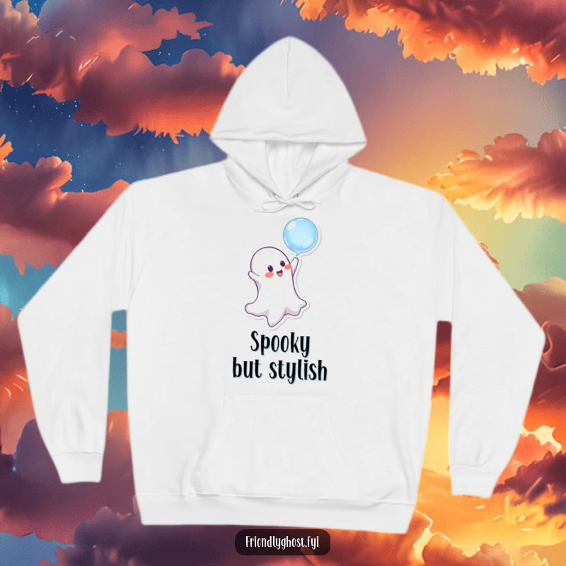Funny ghost character happily bopping a floating bubble, radiating mischief and joy on this comfortable hoodie.