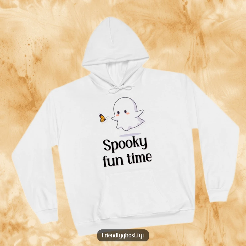 Funny hoodie illustration of a small ghost character joyfully chasing a butterfly, embodying playful delight and cozy, whimsical vibes.