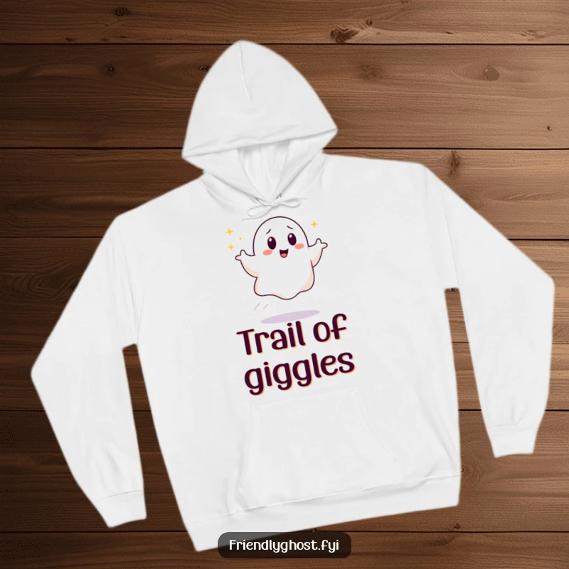 Funny Giggling Ghost Hoodie: A joyful ghost bounces with a sparkly trail, radiating giggles. A perfect cozy and funny gift for everyone.
