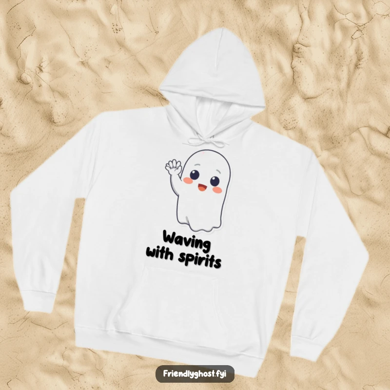 Funny hoodie with a grinning ghost character offering a warm, friendly wave, radiating playful charm and spectral good vibes.