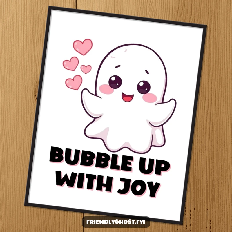 Funny Free Printable Wall Art: A cheerful ghost blowing delicate bubbles that turn into tiny hearts.