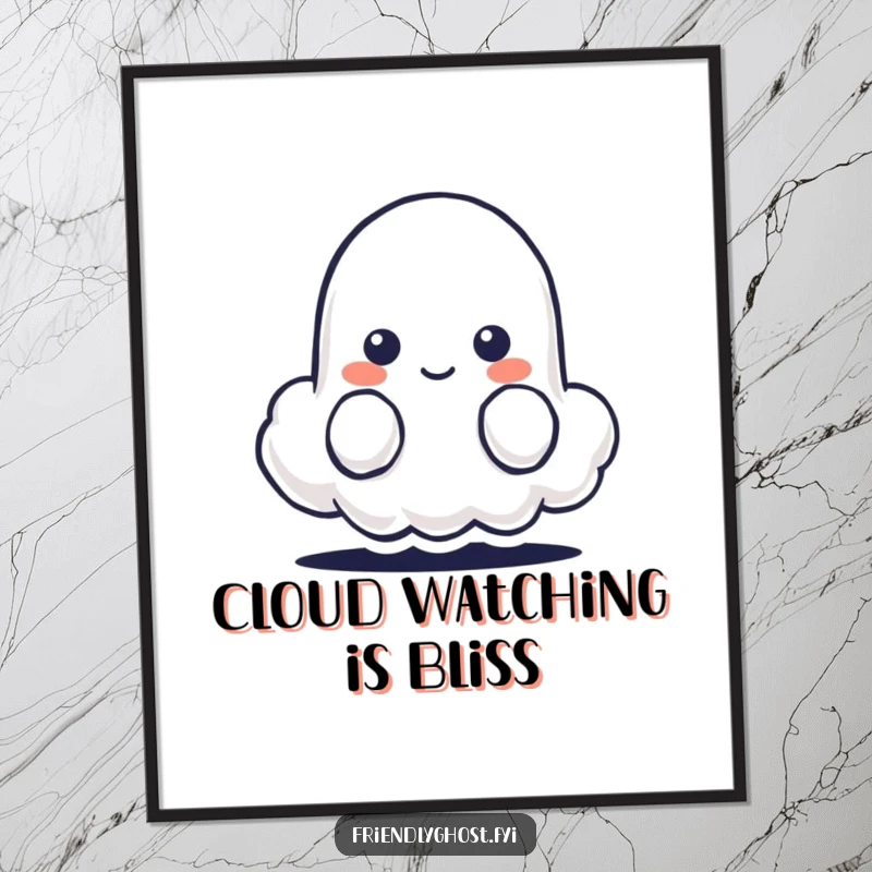 Funny Free Printable Wall Art of a shy ghost character peeking from behind a tiny, smiling cloud.