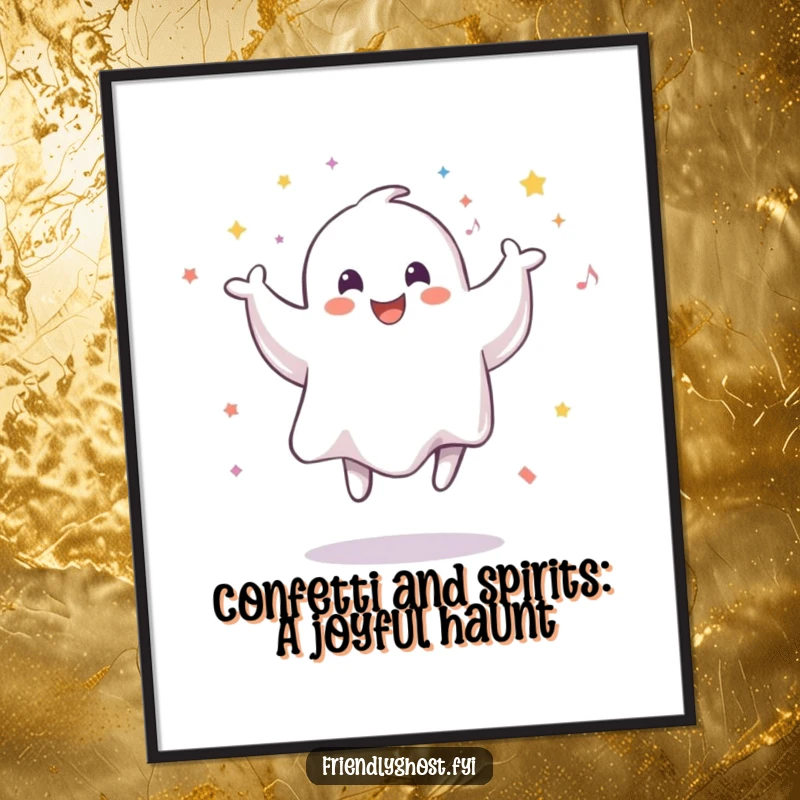 Funny Free Printable wall art of a smiling ghost doing a dynamic jump, showered in colorful, celebratory confetti.