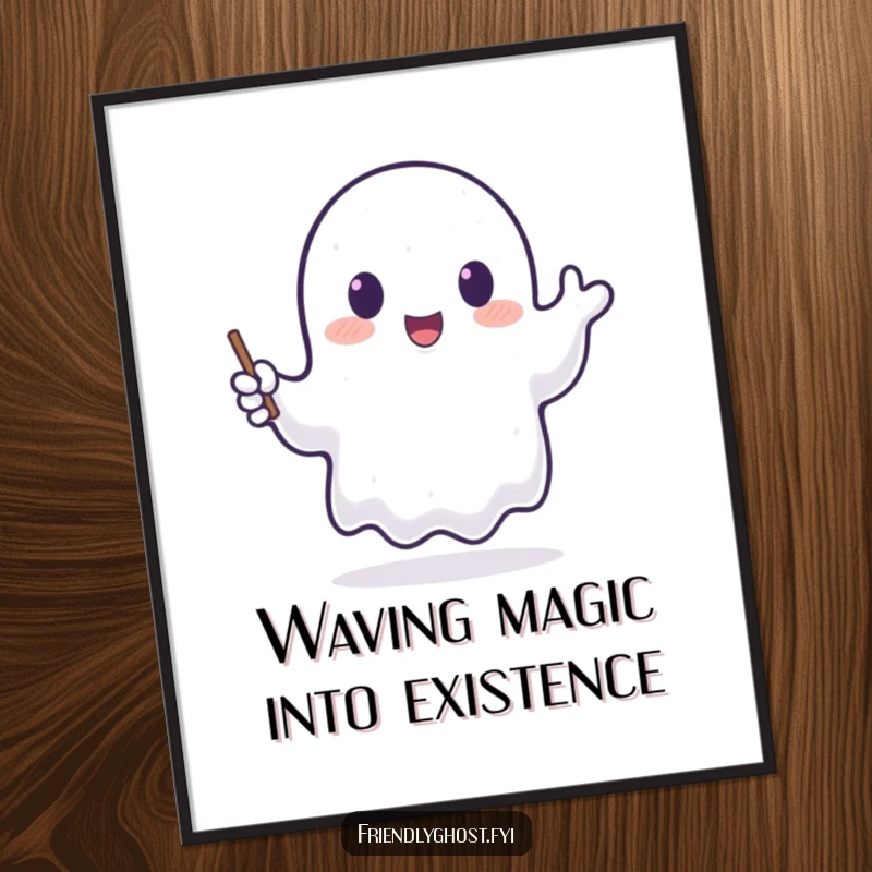 Funny Free Printable Wall Art: A happy ghost waves a tiny, glowing wand, creating magical enchantment. Whimsical decor.