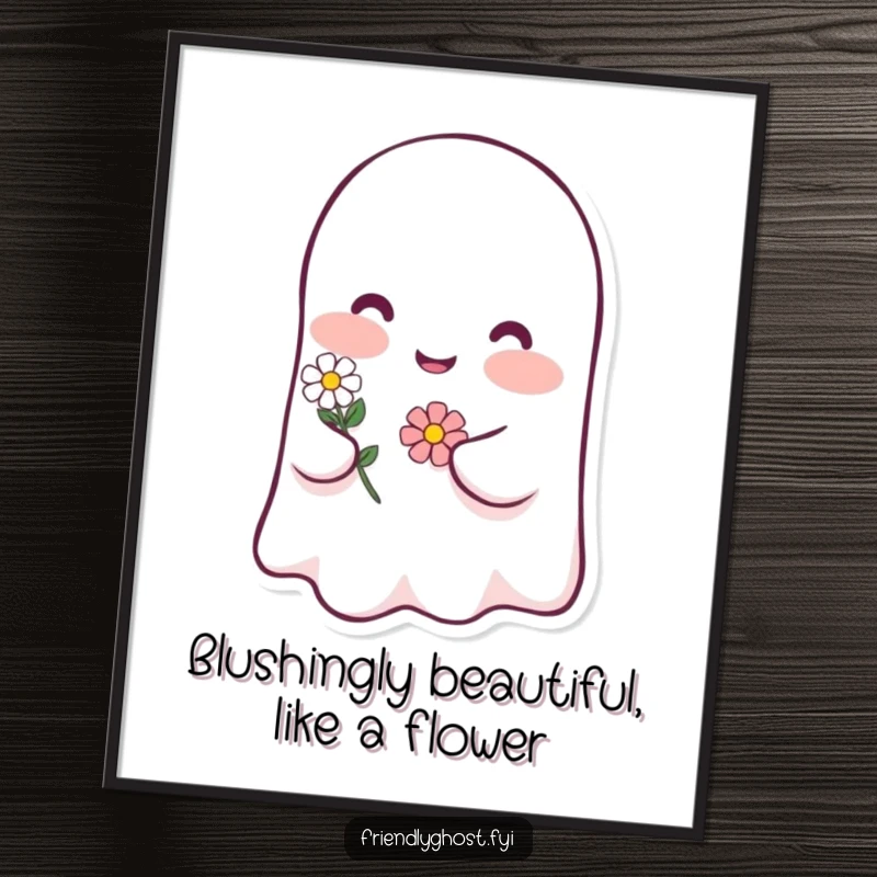Funny Free Printable Wall Art: A happy ghost character blushing pink, holding a tiny, lovely flower gently.