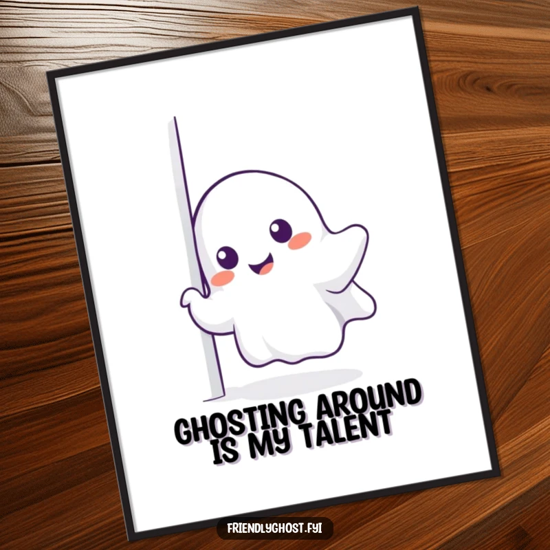 Funny Free Printable Wall Art: Charming ghost peeking around a corner with a wide, mischievous smile, creating humorous downloadable decor.