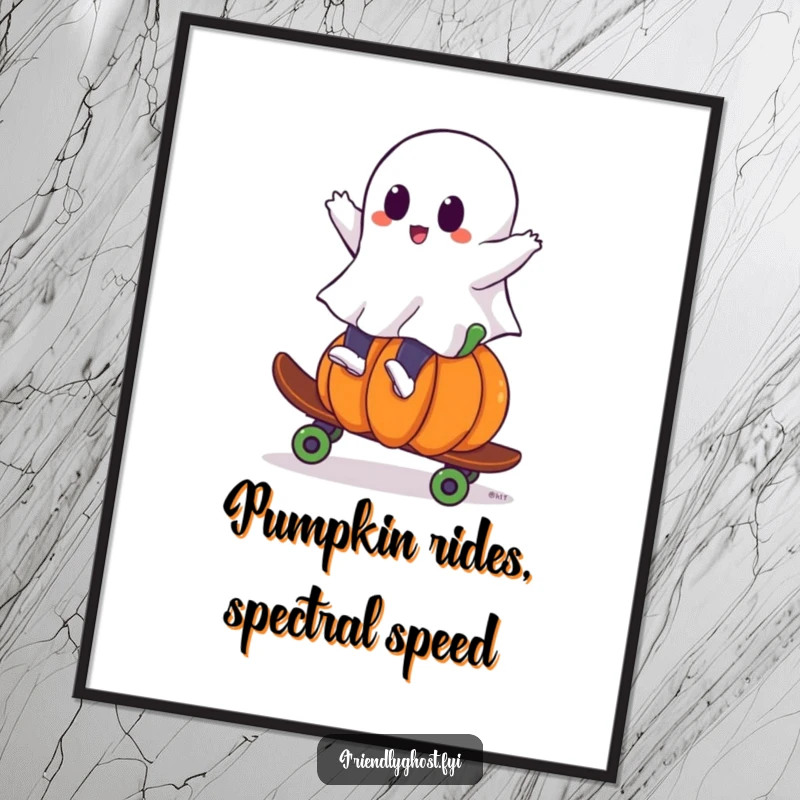Funny Free Printable Wall Art showcasing a ghost skateboarding on a pumpkin, adding a touch of playful and cool art to any room.